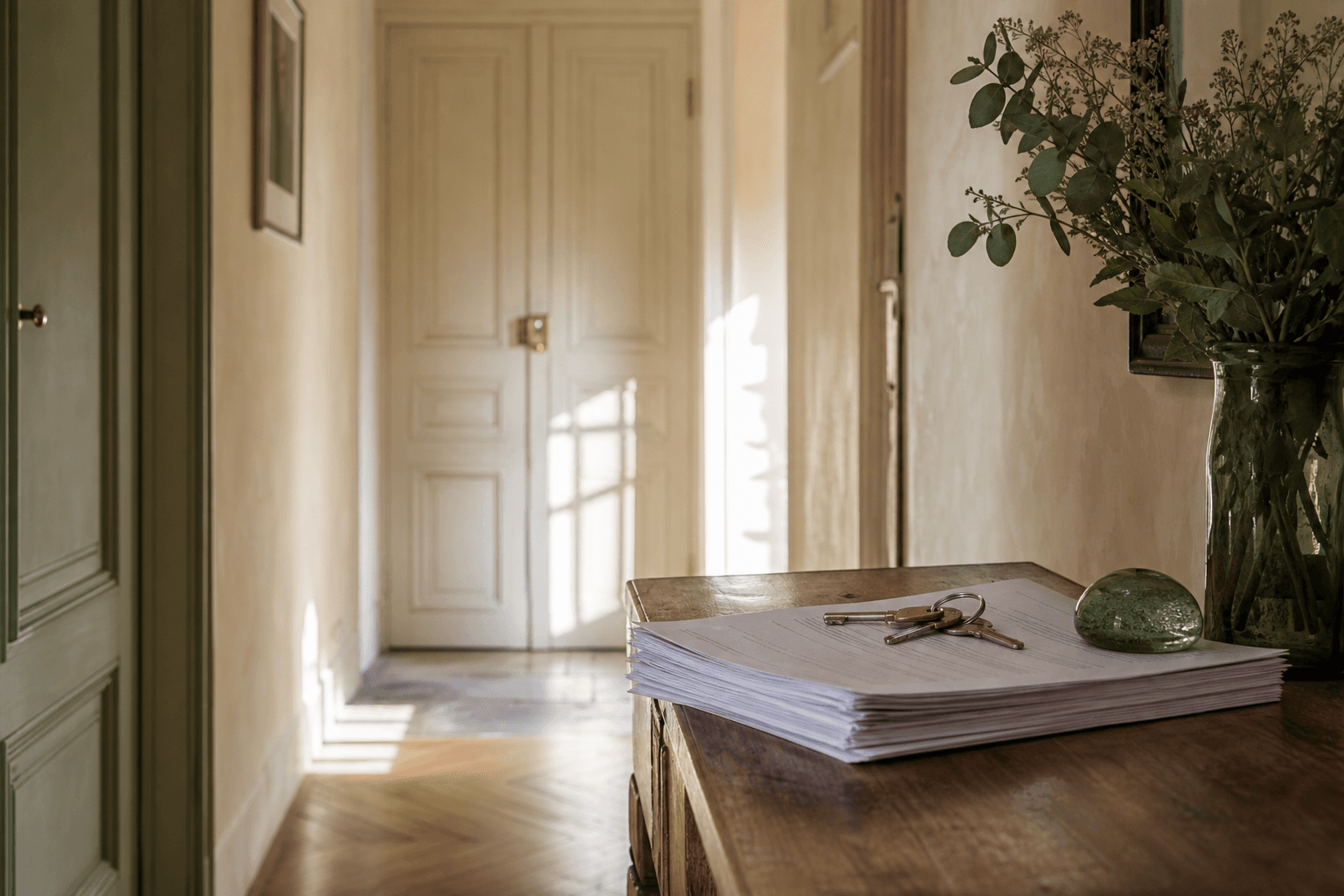 Entrée d'un appartement : sur la console, le dossier de location prêt, les clés posées à côté